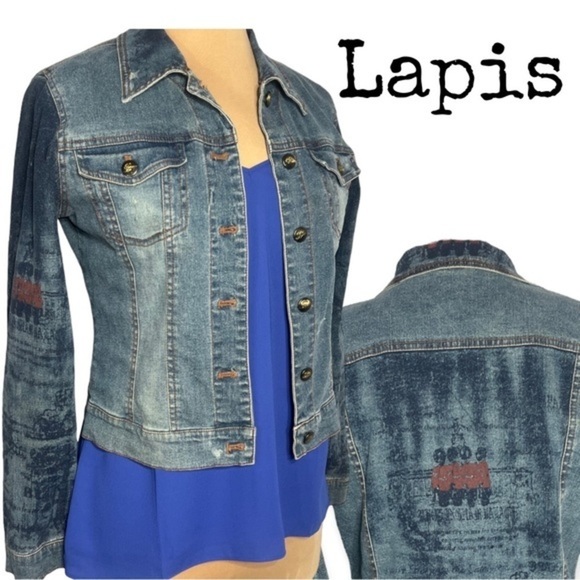 Vintage Lapis Jean Jacket featuring Buckingham Palace Royal Queens Guard images - Picture 1 of 11